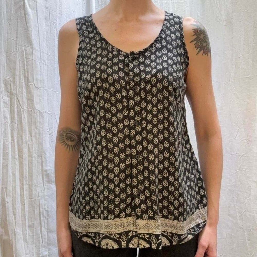 Black and Cream‎ Peasant Sleeveless Blouse Faded Glory Y2K Small Rayon